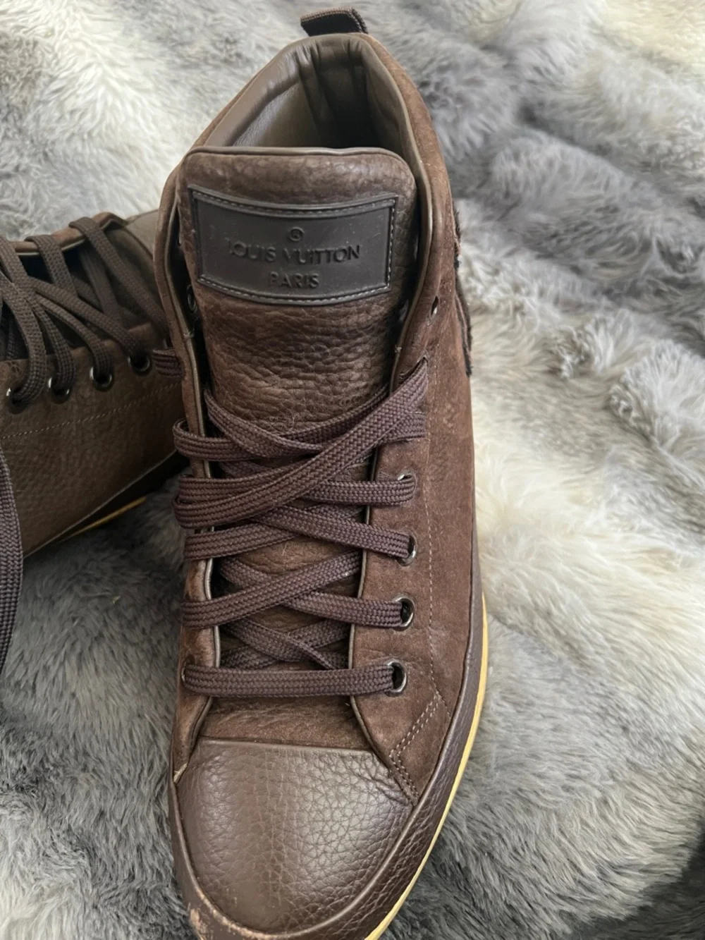 Louis Vuitton Brown Leather High-Top Sneakers with Yellow Sole - Picture 2 of 6